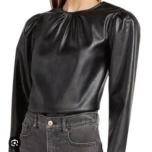 Express Black Faux Leather Puff Sleeve Top Vegan Leather Blouse Medium NWOT
